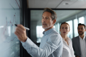 Business team analyzing data and trends on a digital whiteboard during a modern office meeting