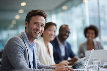 Diverse group of smiling business professionals collaborating in a modern office environment