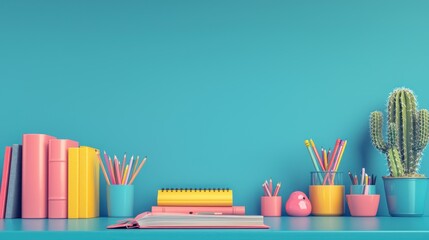 Pastel stationery on desk, turquoise background.  Education, organization, study