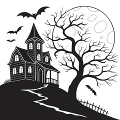 haunted house on hill with bats and moonlight