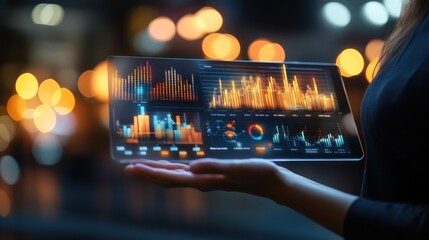 Woman holding digital tablet with data graphics