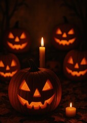 Glowing jack-o'-lanterns illuminate night.