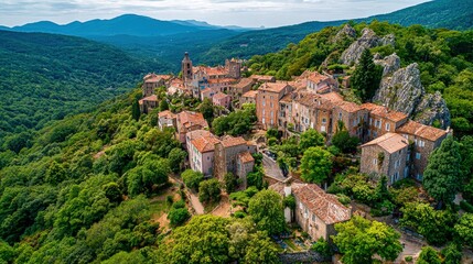 Obraz premium Scenic hilltop village in the French countryside with traditional architecture and lush green surroundings