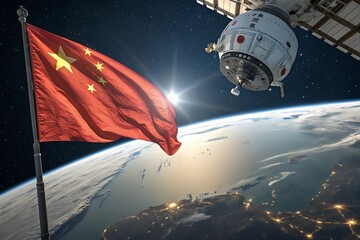 Chinese flag and space station orbiting earth with sun in background view