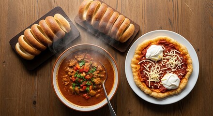 Hearty Goulash Soup, Savory Flatbread Pizza, and Steaming Fresh Bread Rolls