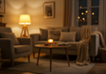 Cozy living room interior with soft lighting and warm ambiance