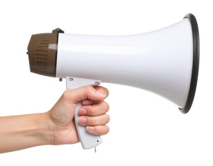 A hand holds a white megaphone, designed for amplifying sound, featuring a prominent horn and a trigger mechanism for activation.