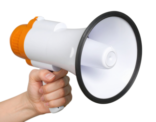 A hand holding a white megaphone with orange accents against a black background, symbolizing communication and amplification of voice.