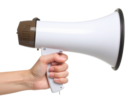 A hand holds a white megaphone, designed for amplifying sound, featuring a prominent horn and a trigger mechanism for activation.
