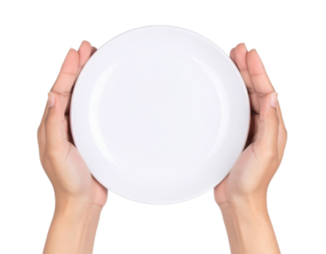 A pair of hands holds a clean, circular white plate, showcasing its smooth surface and minimalist design. - Powered by Adobe