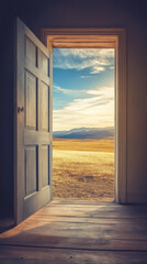 An open door reveals a stunning vista of mountains and golden fields under a big sky. It symbolizes new beginnings and endless possibilities.