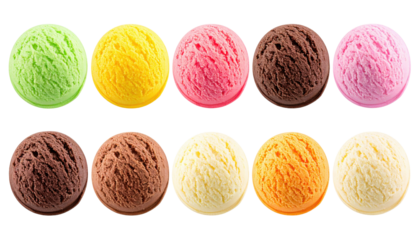 A vibrant assortment of colorful ice cream scoops arranged in two rows, showcasing various flavors and textures.