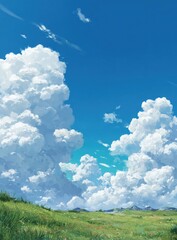A vibrant depiction of a bright, sunny day with fluffy, white clouds dominating the expansive, azure sky, above a lush, green field, evoking feelings of peace.