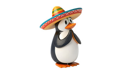Fototapeta premium Adorable Penguin Figurine Wearing a Colorful Sombrero on a transparent Background statue