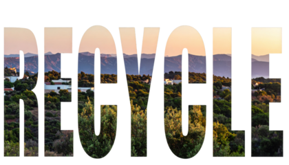 The image features the word "RECYCLE" filled with a landscape of mountains and greenery, emphasizing the theme of sustainability.