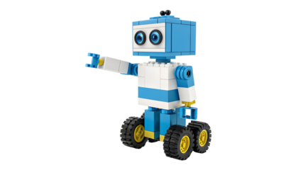 Blue and white toy robot with wheels and outstretched arm on transparent background building blocks