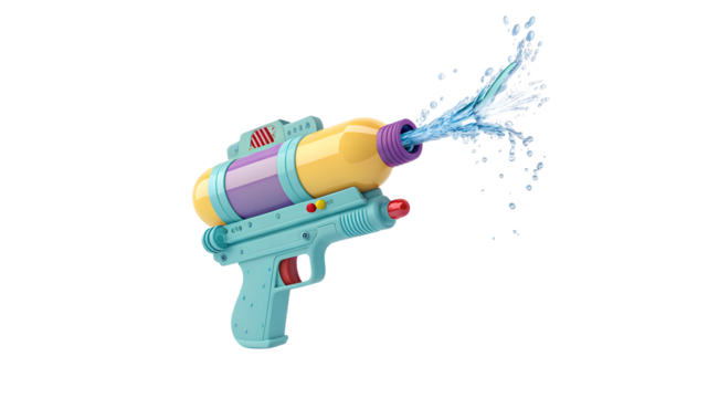Aqua Blue and Yellow Water Gun Shooting Water on transparent Background spray