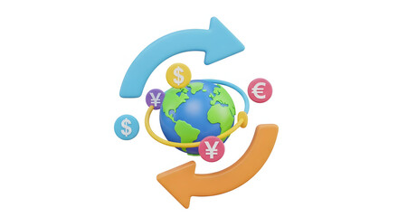 Global Currency Exchange:  A dynamic visual representation of global currency exchange, featuring the world intertwined with flowing arrows and iconic currency symbols.