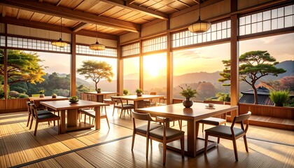 Japanese Zen Restaurant with Scenic Sunset View Tranquility  Dining.