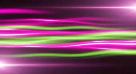 Abstract glowing neon lines of pink and green light flowing horizontally with bright lens flares on a dark background