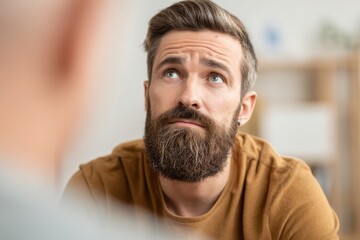 Obraz premium Pensive Adult Male Patient Contemplating Solutions at Home