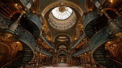 Obraz premium Grand Ornate Library Interior With Gold And Teal Accents