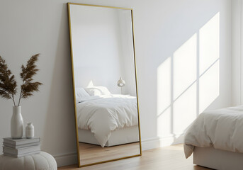 Full length mirror reflecting modern bedroom interior