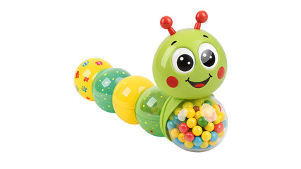 Cute smiling green caterpillar toy with colorful segmented body and rattle balls baby toy