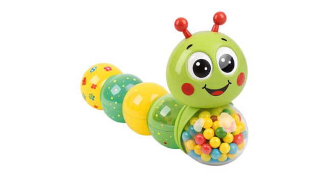 Cute smiling green caterpillar toy with colorful segmented body and rattle balls baby toy