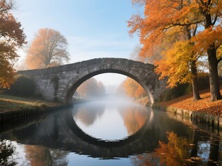 Stone Arch Bridge Over Calm Canal Autumn