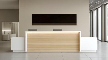 Modern Reception Desk with Wood Paneling and White Accents in a Bright, Contemporary Lobby