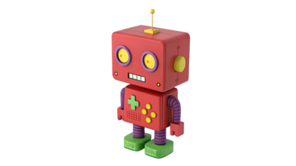 Red Toy Robot with Yellow Eyes and Green Feet on transparent Background character