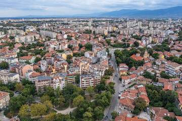 Fototapeta premium Aerial view of Plovdiv city, south-central Bulgaria, view from Nebet Tepe hill