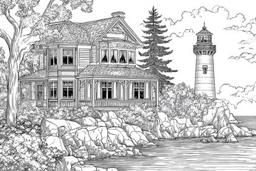 Coastal scene with a historic house and lighthouse.