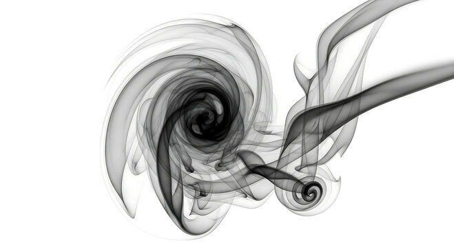 Abstract swirling black smoke forming a vortex shape with wisps and tendrils against a white background - Powered by Adobe
