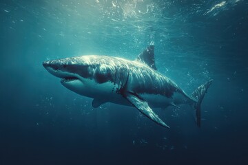 Fototapeta premium A Majestic Great White Shark Swimming Through the Abyssal Depths of the Ocean