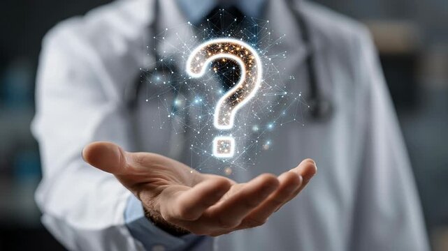 4k video of a doctor holding a question mark.