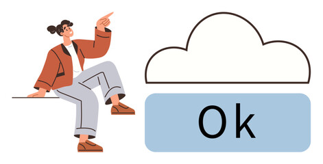 Woman sitting casually, pointing upward beside a cloud outline and OK displayed in a blue button. Ideal for technology, confirmation, cloud storage, approval, UIUX, software, and simplicity concepts