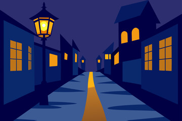 A night scene of a street with a lamp and building windows