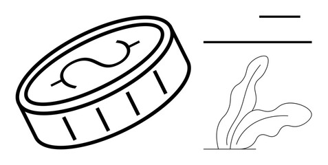 Coin featuring dollar sign next to abstract leaf shapes and minimal lines. Ideal for finance, investment, savings, income, sustainability, wealth, business success. Simple flat metaphor