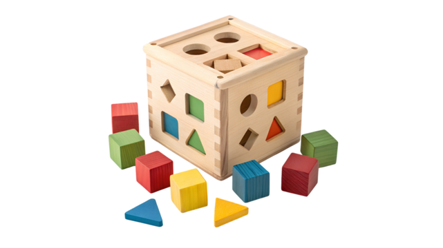 Wooden Shape Sorter Cube Toy with Colorful Blocks on transparent Background wooden toy sorting cube