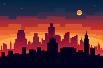 Obraz premium Silhouette of cityscape against an orange and blue sunset