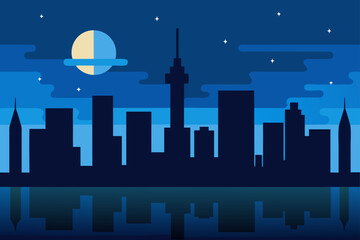 Fototapeta premium Silhouette of a city skyline at night with moon and stars
