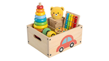 Wooden toy box filled with colorful educational toys for children wooden box children's toys