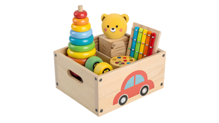 Wooden toy box filled with colorful educational toys for children wooden box children's toys