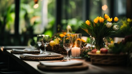 Spring table display with mixed seasonal flowers, candles, and woven place settings