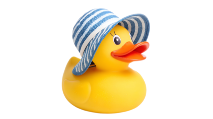 Yellow rubber duck wearing a blue and white striped sun hat on transparent background bath toy