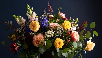 Vibrant multicolored flower arrangement against a dark background