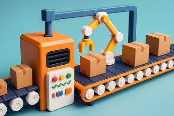 Colorful Toy Factory's robotic arm carefully lifts a packaged box from conveyor, symbolizing innovation and automated efficiency in playful digital art.