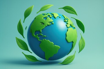 Fototapeta premium Earth Globe surrounded by Floating Green Leaves Symbolizes ecology, conservation, and a sustainable future with vibrant colors against a serene turquoise backdrop.
